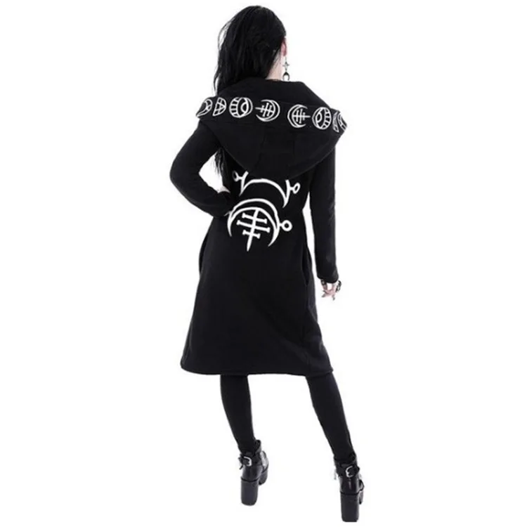 Gothic Punk Black Long Women Hoodies Sweatshirts 2022 Autumn Moon Print Long Sleeve Hoodie Women Loose Coat Hooded Sweatshirt