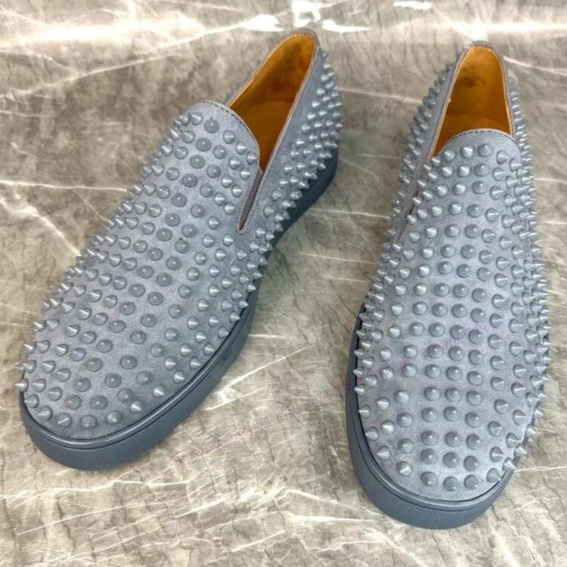 

Blue Suede Rivet Decor Men's Loafers Shallow Round Toe Soft Comfortable Flats Shoes Casual Wedding Party Dress Big Size Shoes