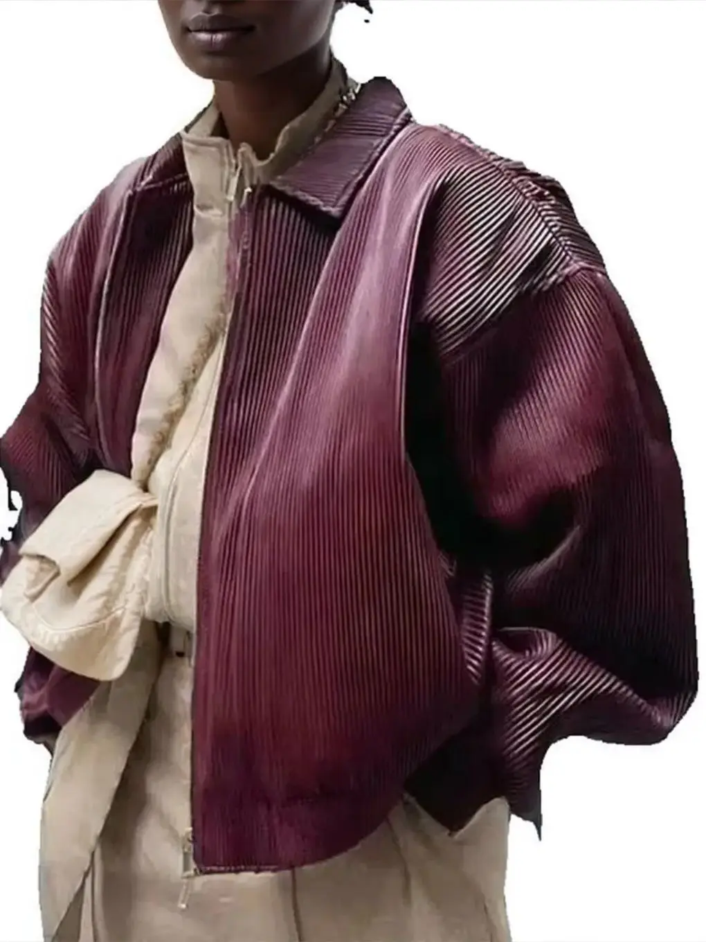 Giacche BF oversize in ecopelle pieghettate autunnali alla moda vintage da donna Cappotto corto da strada con cerniera in PU rosso vino allentato elegante