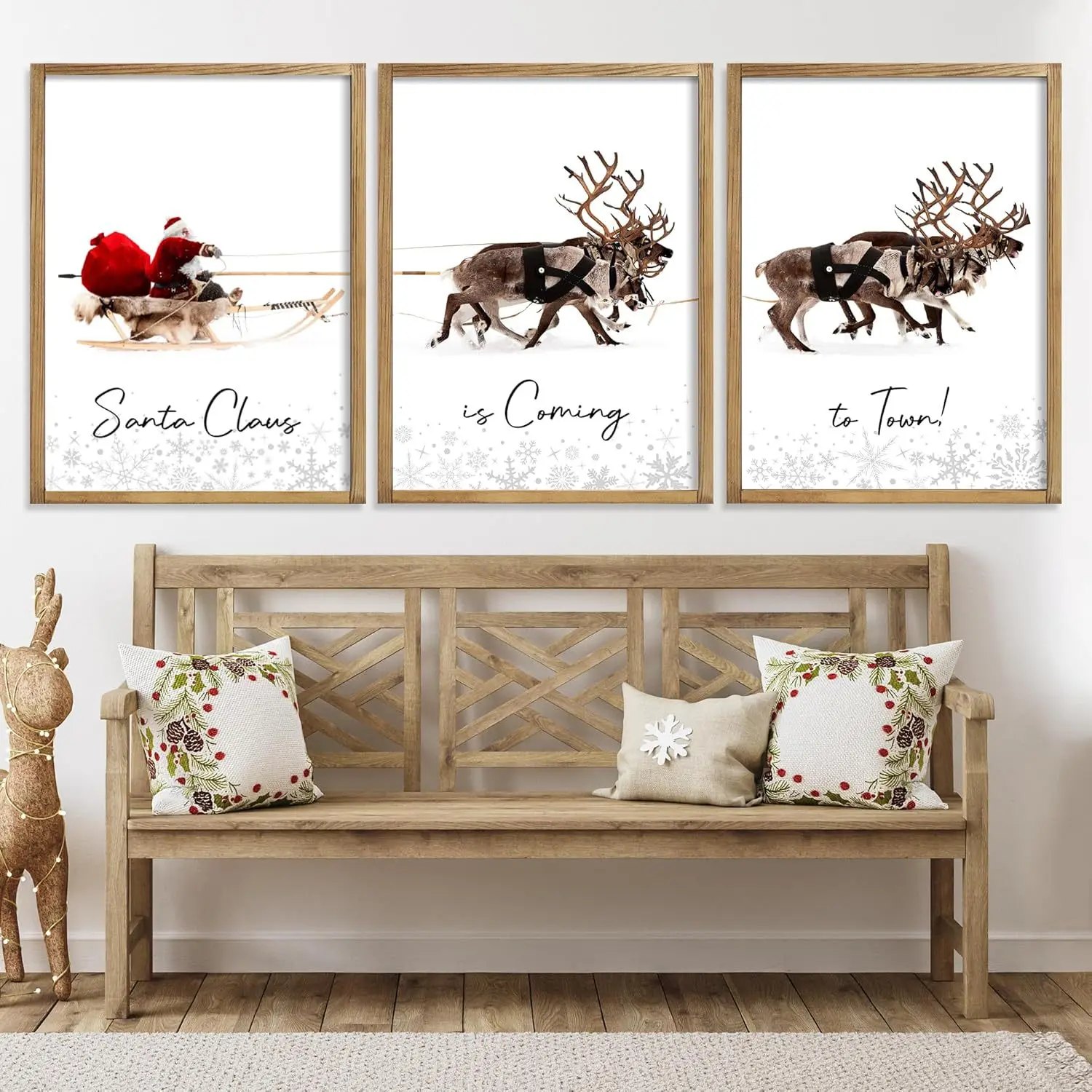 Simple modern sofa background wall triple cnvas painting Christmas country style Santa Claus decorative painting
