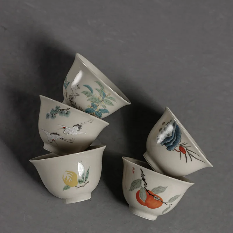 

Wood Ash Retro Persimmon Teacup Household Ceramic Master Cups Chinese Kung Fu Teaware Set Vintage Crane Tea Ceremony Accessories