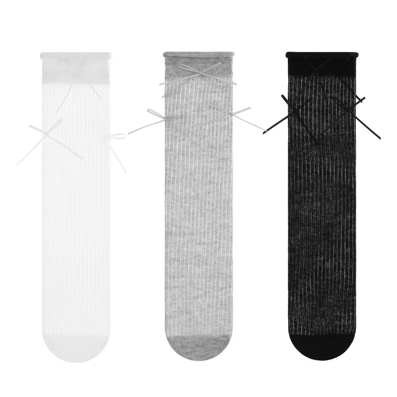 1 Pair Ins Simplicity Kids Girls Knee-Hig Socks Summer Thin Mesh Bow Ribbon Stockings for Baby Mosquito-Proof Children Sock