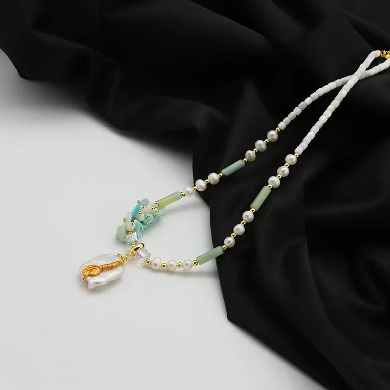 

Ожерелье ручной работы в стиле барокко с жемчугом, квадратный кулон из натурального камня, женское колье-чокер из пресноводного жемчуга, короткая цепочка-колье для свитера, подарок