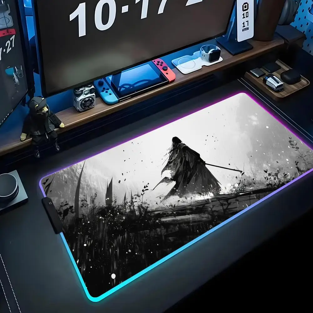 

Аниме самурай обои коврик для мыши RGB игровой коврик для мыши большой светодиодный коврик для ПК настольный коврик светящийся коврик для мыши большой коврик для клавиатуры настольный коврик W