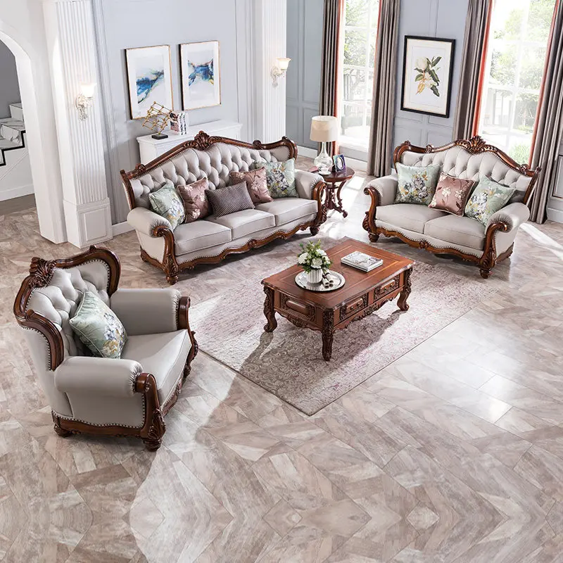 American all-solid wood first-layer leather sofa size apartment three-person living room leather art coffee table combination vi