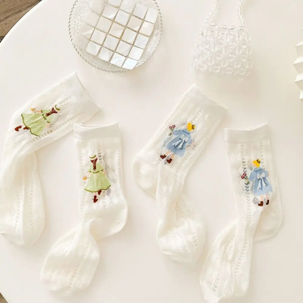 

5Pairs Fashion Cartoon Girl Mesh Thin Socks Hollow Streetwear Tube Socks Women Hosiery Polyester Cotton Lady Socks Summer
