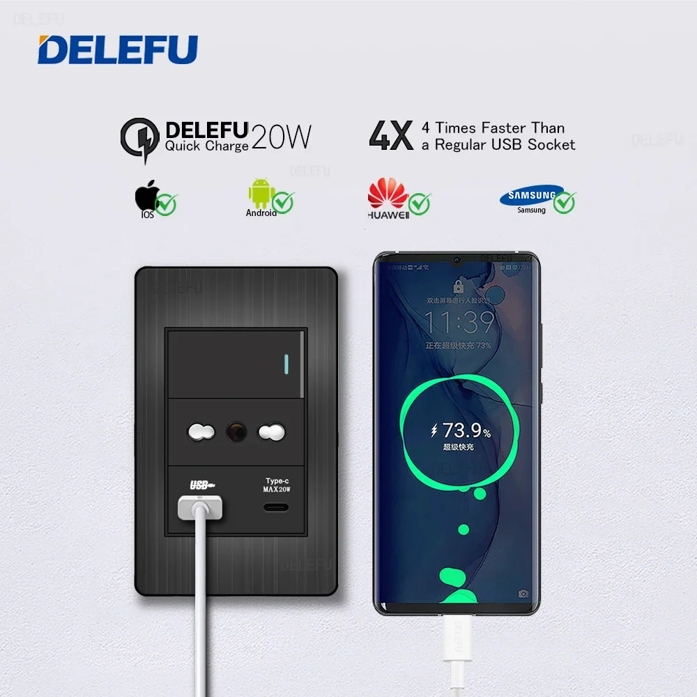 DELEFU- Italian standard switch socket Stainless steel Black panel series Computer USB Type C wall power socket