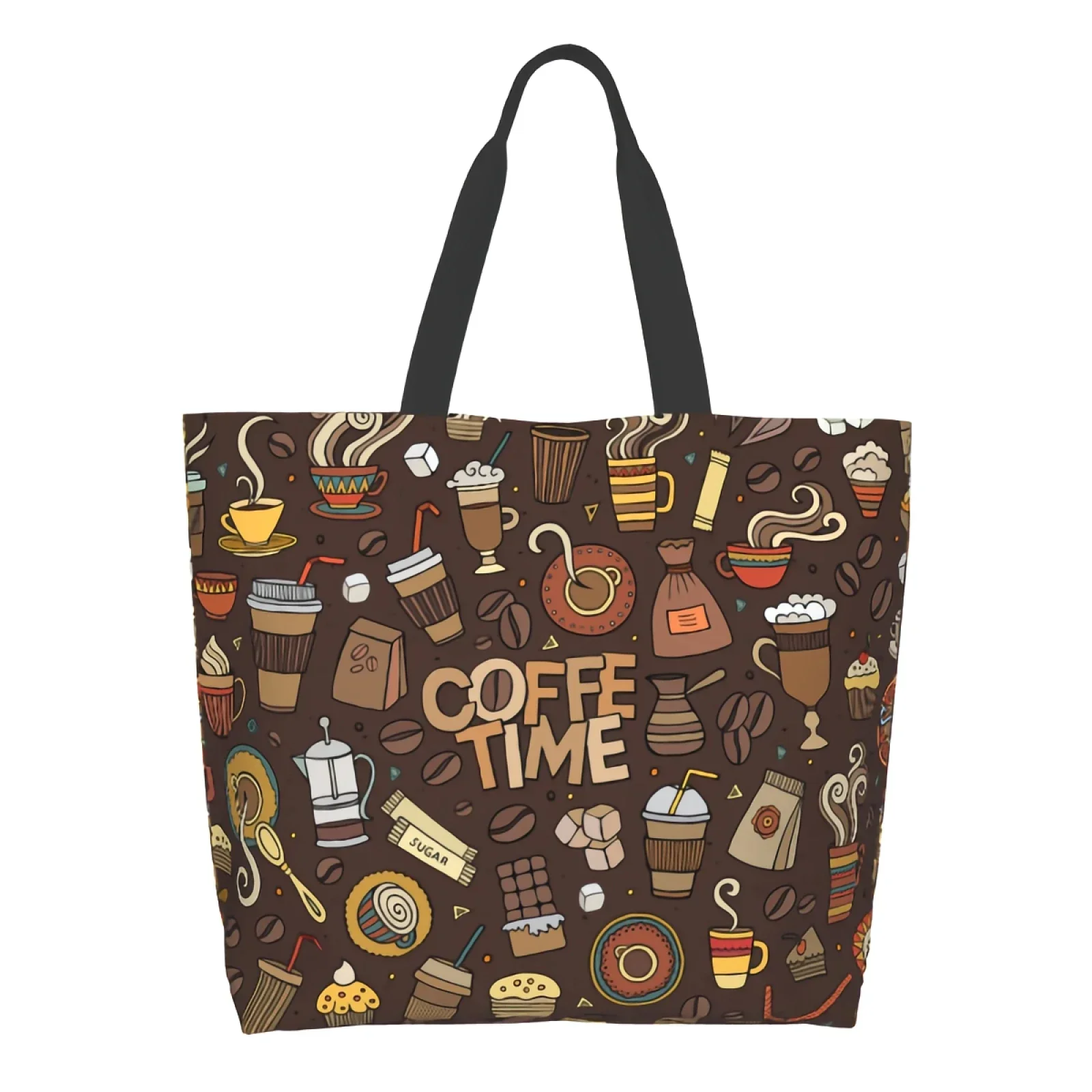 Coffee Time-Sac à provisions réutilisable marron, sac fourre-tout de dessin animé, décontracté, léger, grande capacité