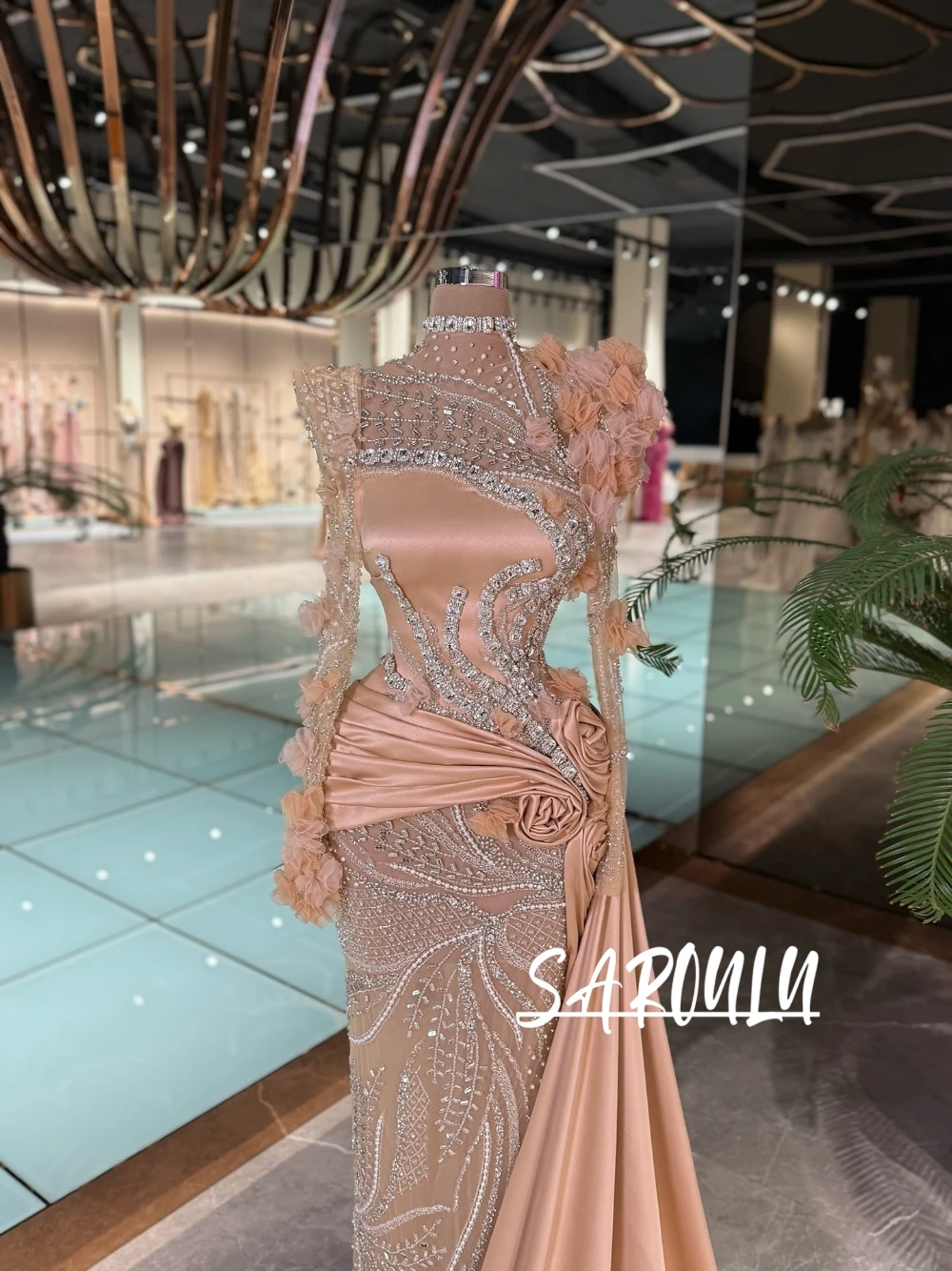 

Elegant Mermaid Formal Evening Gown Beaded Crystals 3D Flowers High Neck Draped Train Prom Party Dress For Special Occasions