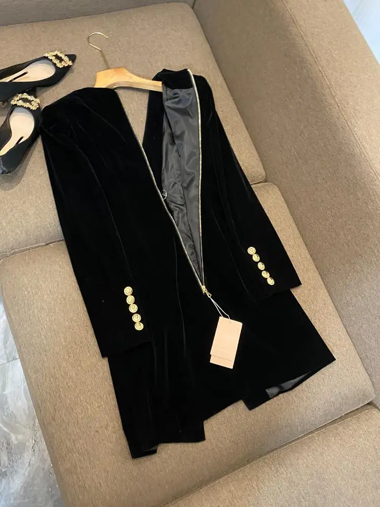 Faionable velours Long Sve Dr manteau v-ne coupe ajustée t-shirt bouton couleur Pure printemps automne hiver femmes Ci trajet