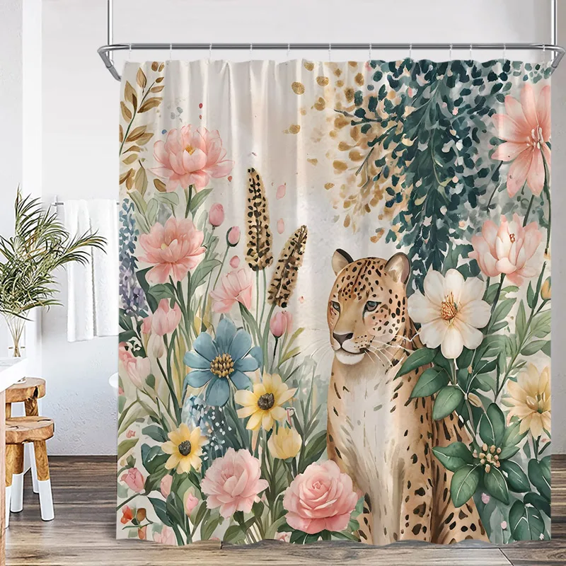 Floral Leopard Shower Curtains Watercolour Jungle Flowers Plants Wild Animal Bath Curtain Fabric Home Bathroom Decor with Hooks