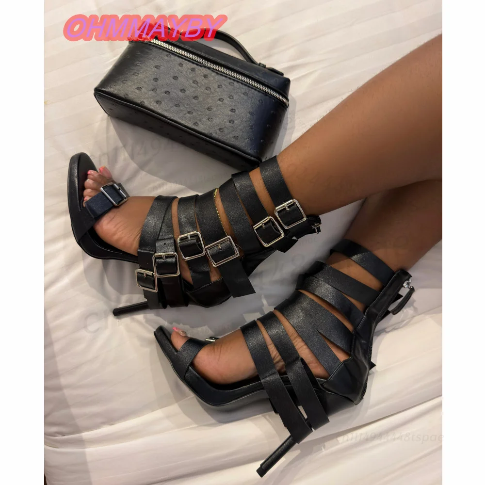 Multiple Buckle Gladiator High Heel Sandals for Women Open Toe Stiletto Heel Strappy Cutout Black Punk Party Club Fashion Shoes