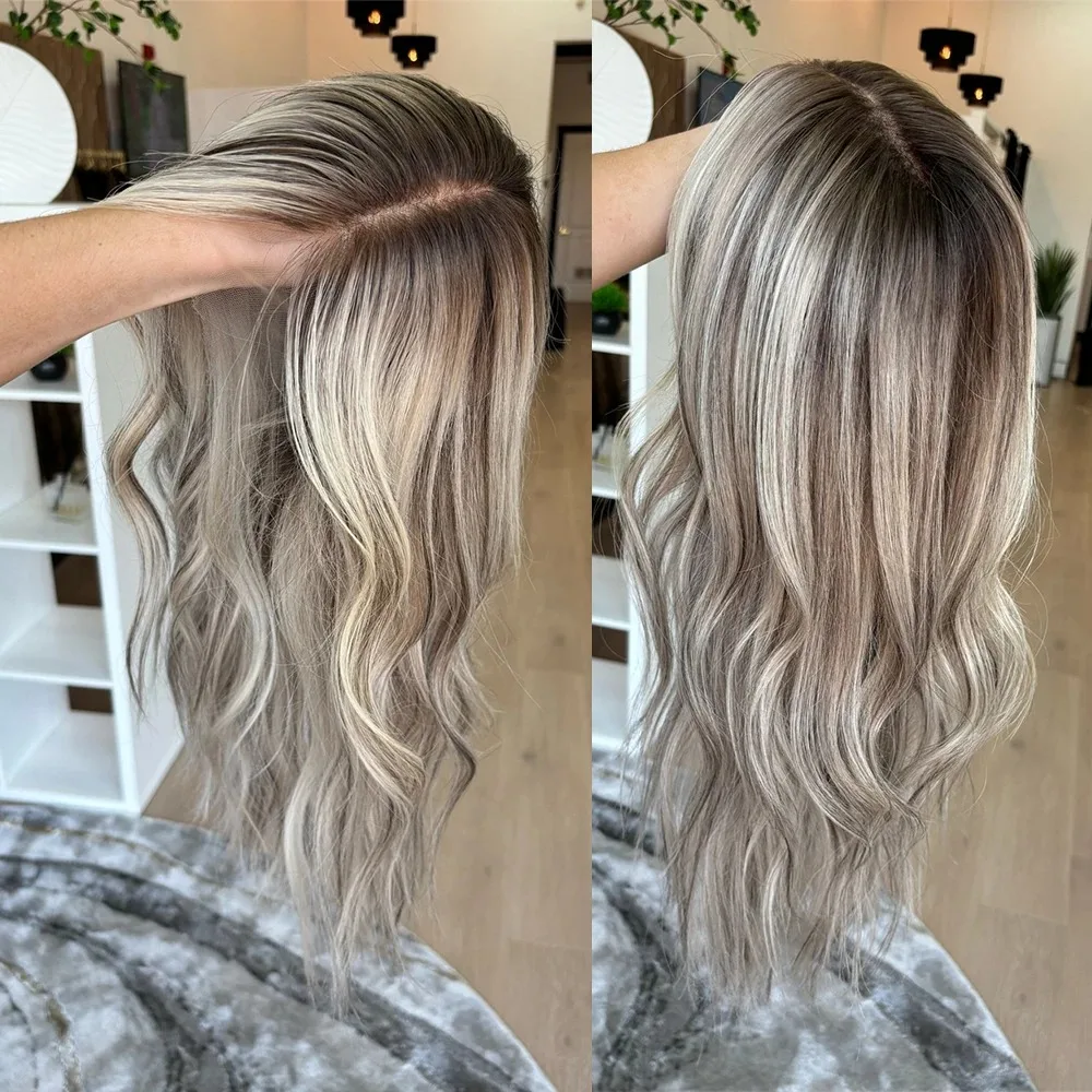 

13x4 пепельно-русый синтетический парик спереди для женщин, ежедневное использование, вечерние, предварительно выщипанные волнистые, кружевной передний парик, бесклеевой парик