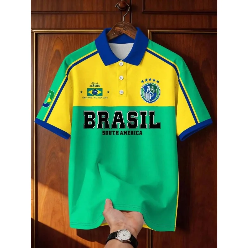 Camiseta Retro de Rugby Brasileño, Corte Holgado, Estampado con Bloques de Color, Camiseta de Fútbol a la Moda, Top Bonito, para Mujer, Verano