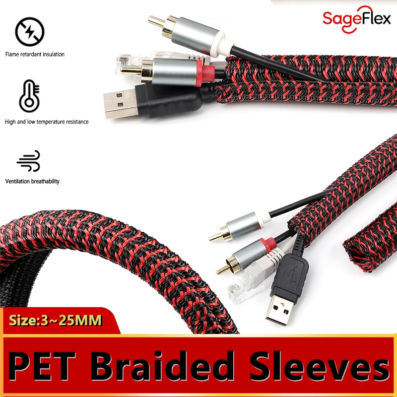 Tube Cable Flame Retardant Self-Winding Cable Sleeve PET Expandable Braided Sleeving for Wire Protection 3/5/20M Size 3-32mm