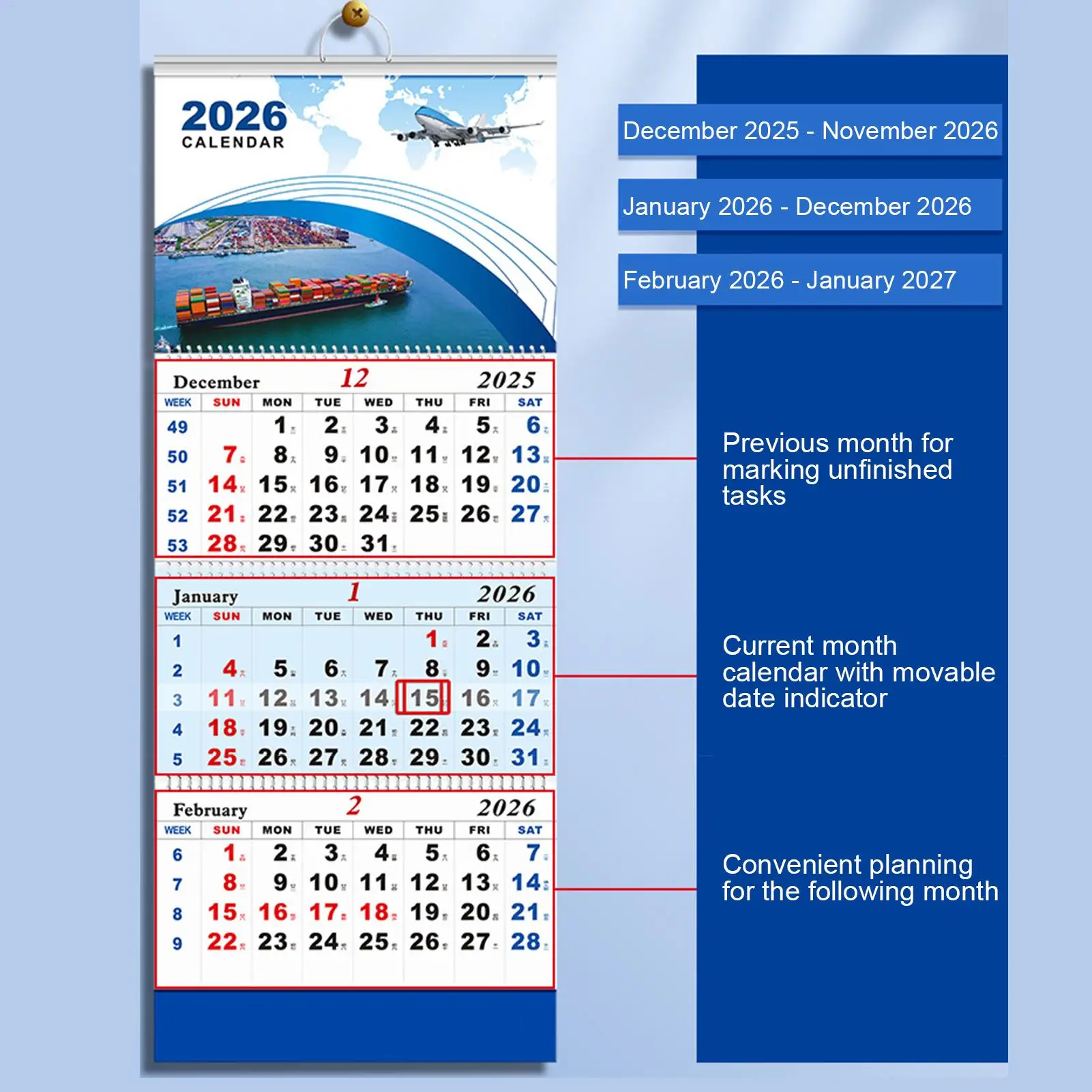 2026 Wall Calendar, New Year 4-folding Calendar Aviation Theme Office Monthly Schedule Planner Wall Calendar, New Year Gifts