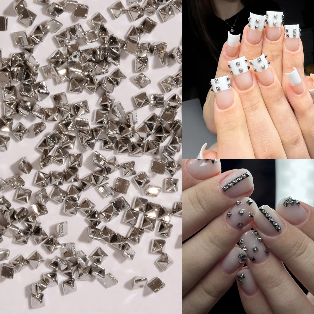 500Pcs Y2k Silver Square Pointed Rivet Nail Charms 3D Metal Cone Spike Studs Punk Nail Rhinestones 1.5/2mm Gothic Manicure Decor