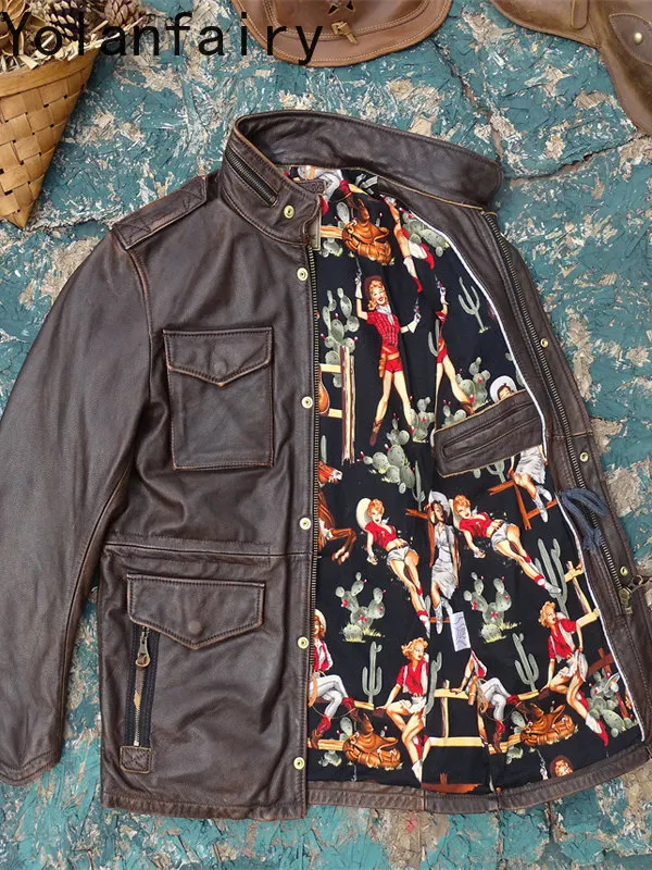 YOLANFAIRY Genuine Cow Leather Jacket Multi-Pocket Hunting Leather Jacket Bangladesh Distressed Cowhide Vintage Real Leather