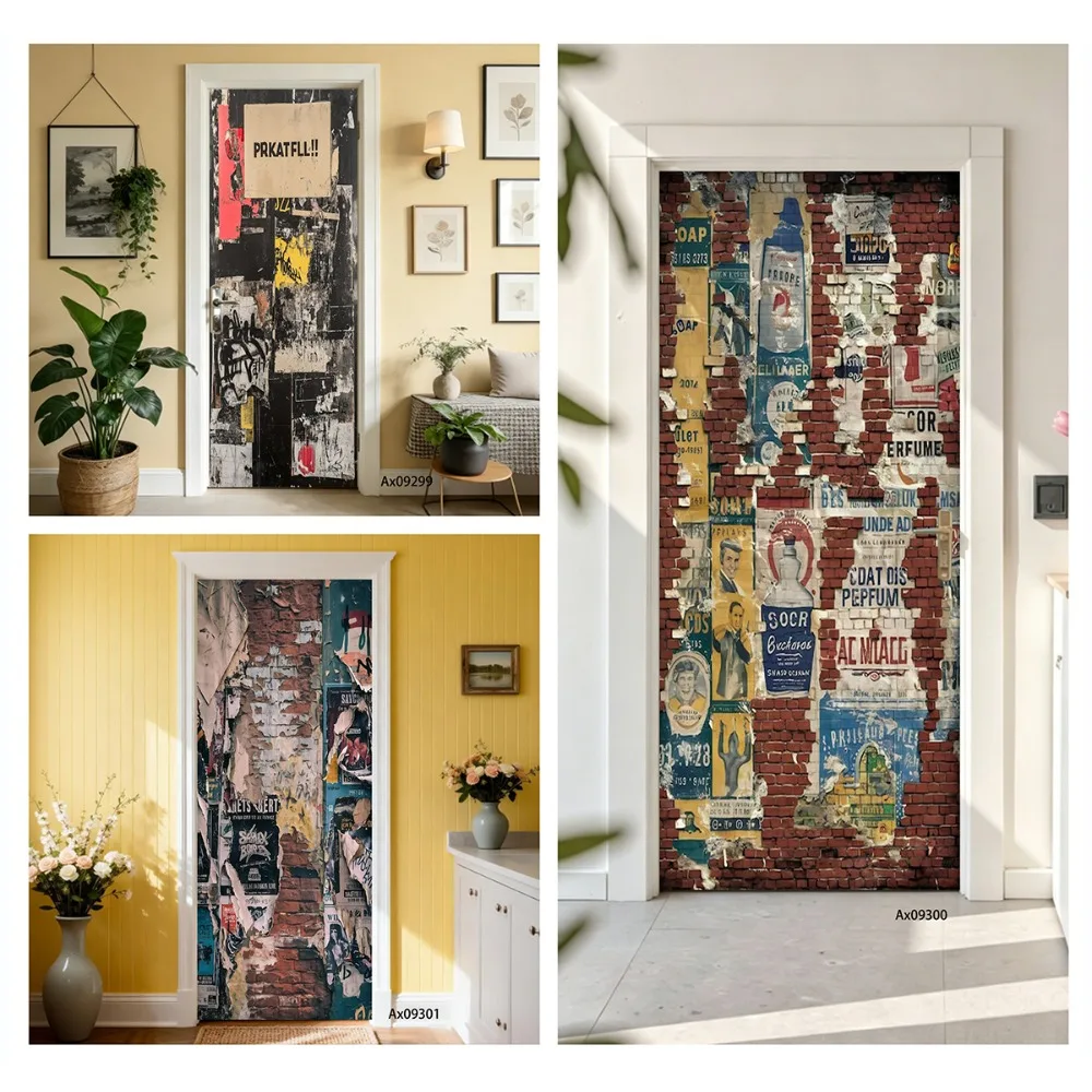 Vintage Brick Wall Torn Poster Collage Door Sticker Full Door Covered Wallpaper Self-adhesive Sticker for Wall Decals Home Decor