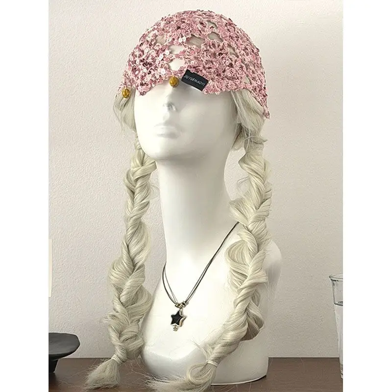 Korean Ins Style Floral Sequin Head Wrap Beanie Niche Design Sweet Pullover Hat Women Spring Summer Crochet Knitted Hat
