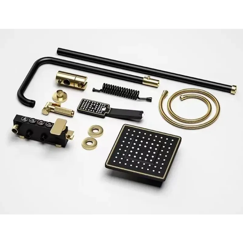 

Hot Sale Bathroom Square Shower Faucet Black Gold Hot and Cold Bathtub Mixer Brass Temperature Rainfall Shower System Set