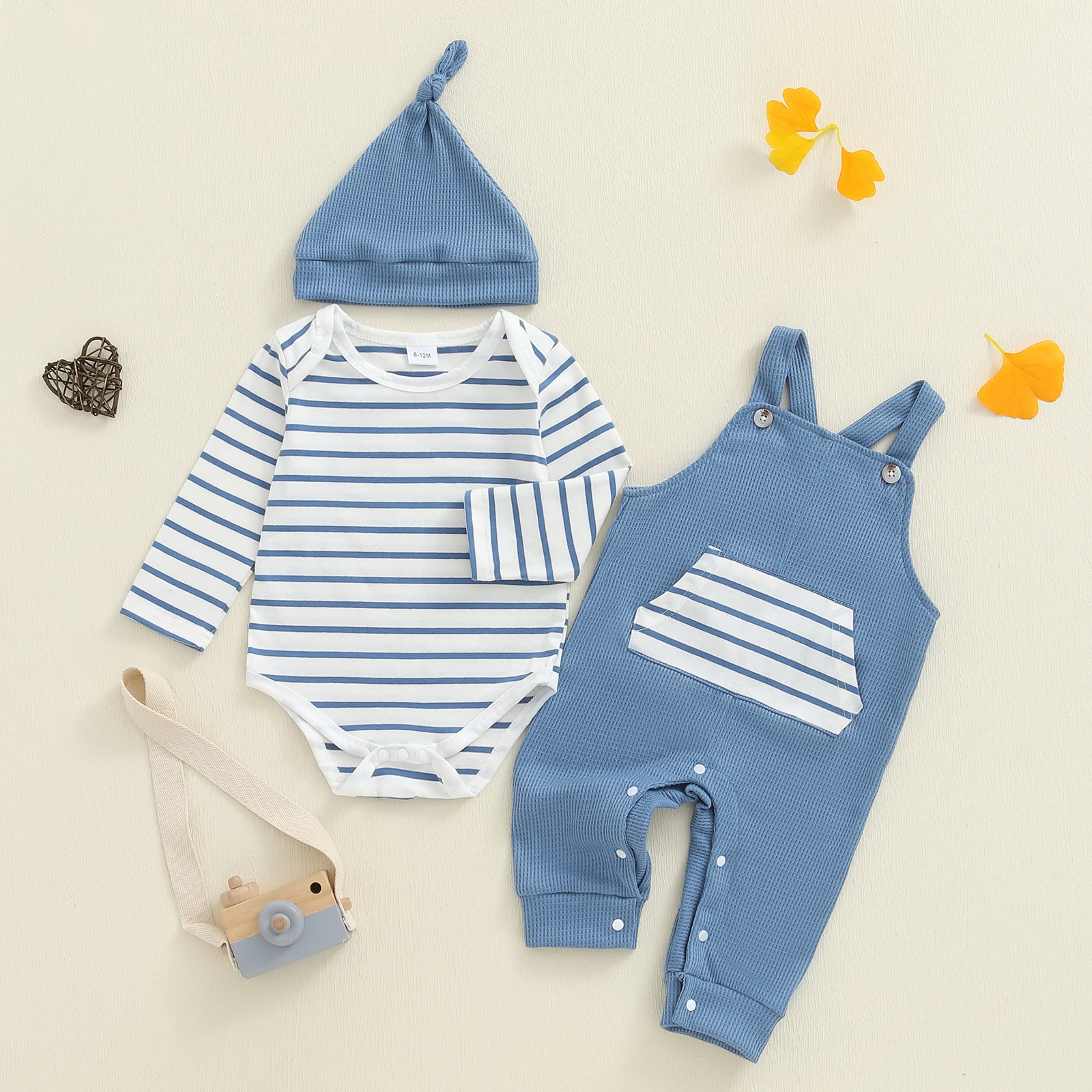 

Newborn Baby Boy Fall Winter Clothes Striped Long Sleeve Romper Overall Pants Hat 3Pcs Set Cute Coming Home Outfit
