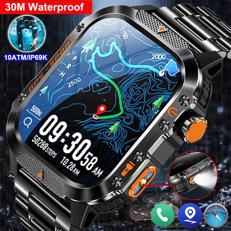 

New Outdoor 10ATM Waterproof Swim Smart Watch Men GPS Compass Flashlight 540mAh Large Battery Bluetooth Call Sport HD Smartwatch