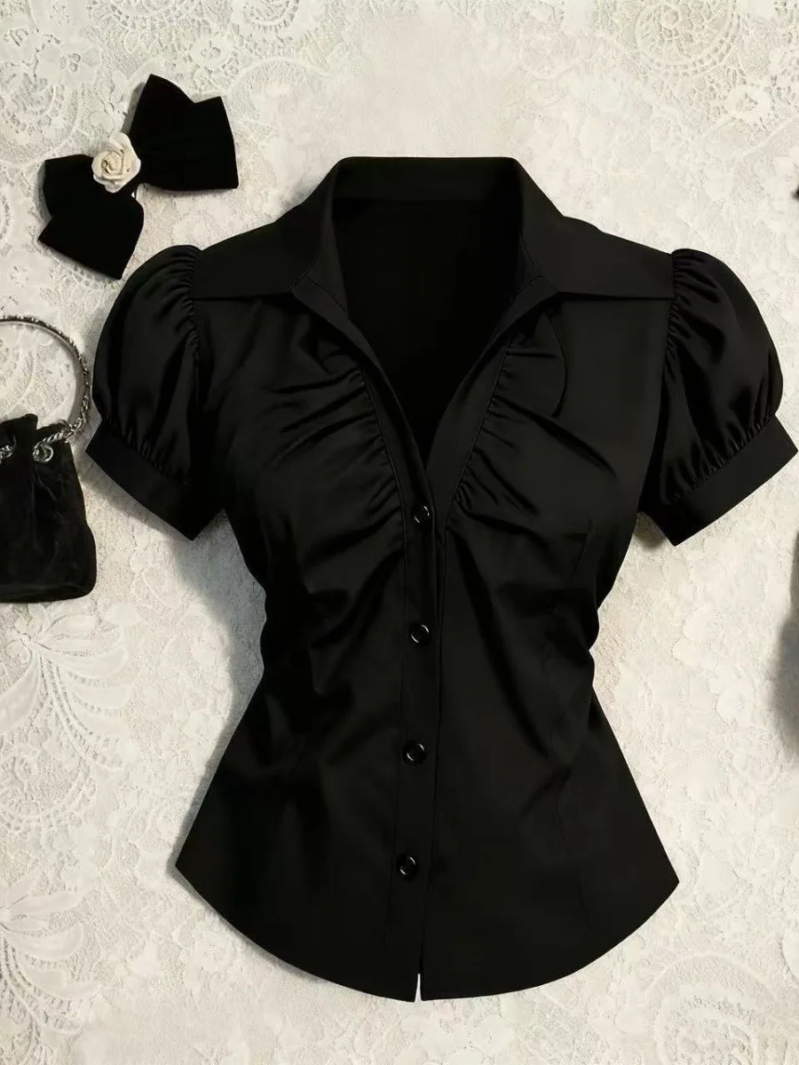 

Original Black V-Neck Slimming Design Shirt Vintage Style Korean Commute Fashion Women's Short Sleeve Casual Top