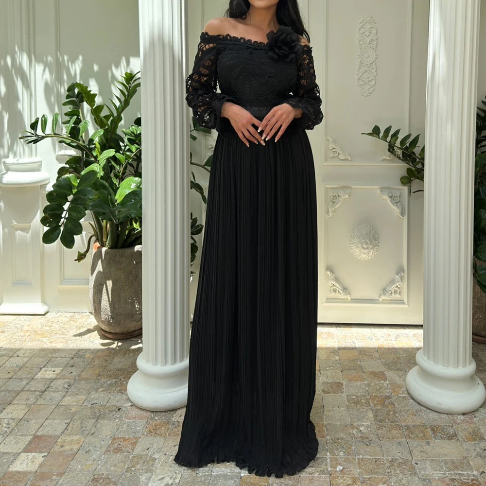 

A-Line Boat Neck Off the Shoulder Satin Long Sleeves Graceful and Fashion Evening Dresses Flowers Pleats Lace Saudi Arabia 2024