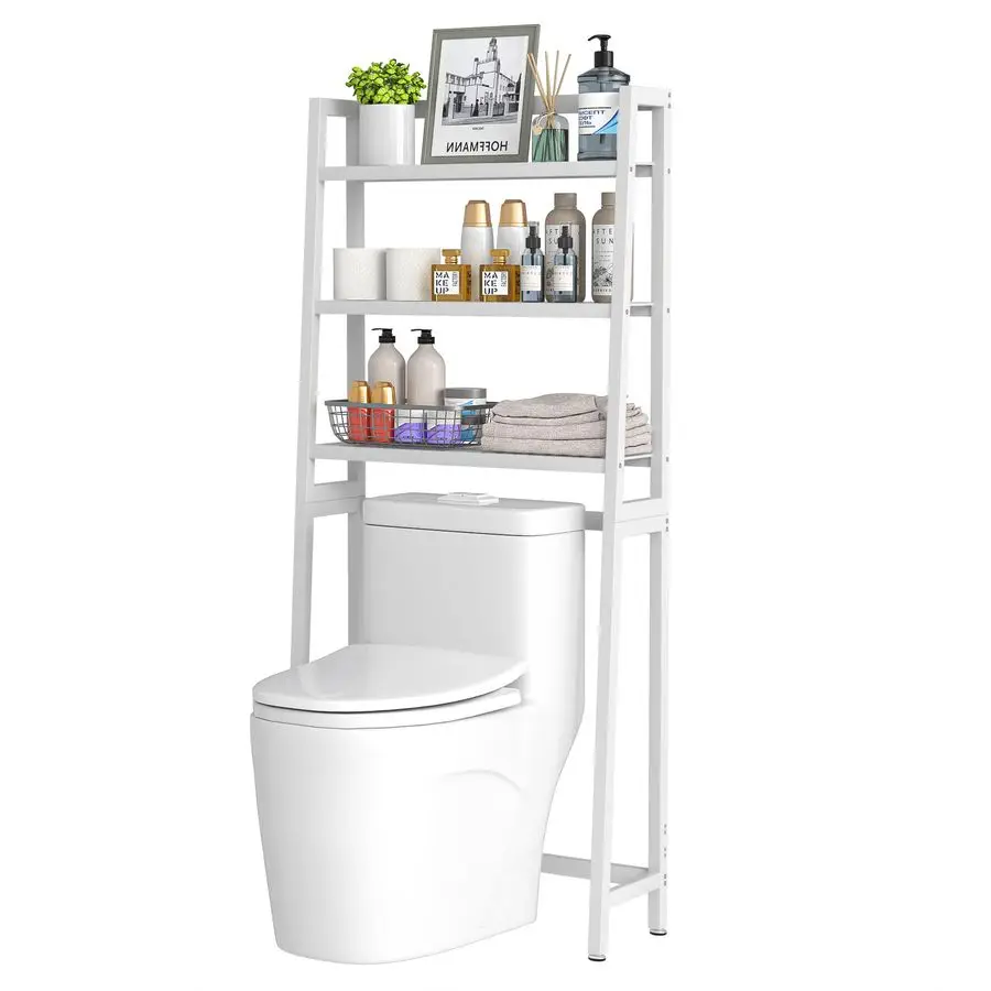 

Over The Toilet Storage,Bamboo 3Tier Bathroom Organizer Over Toilet Storage Cabinet,Freestanding Space Saver with 3 Hooks White