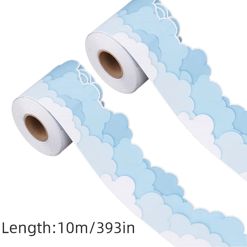 Cloud-Shaped Blackboard Whiteboard Border Decoration Rolls-Paper Border Adhesive Stickers,Smooth Surface White Clouds Light Blue