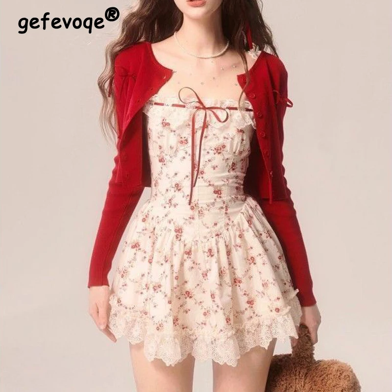 Vintage Floral Print Ruffle Lace Patchwork Lace Up Sweet Dresses for Women 2024 Summer Sexy Sleeveless Slim Y2K Fairy Mini Dress