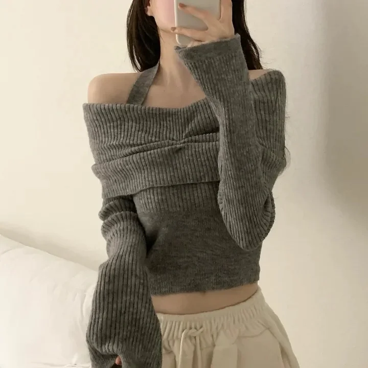 

Chic Korean Sle Women's Knitwear oulder Bared Long Sve One-oulder Design Slimming Color Hanging Ne Top