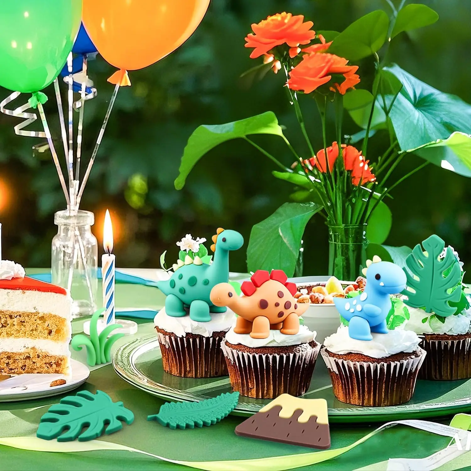 15 Stück Cartoon-Dinosaurier-Kuchenaufsätze, niedliche Dino-Ei-Blätter, Gras, Vulkan-Kuchendekorationen für Kindergeburtstag, Babyparty, Dinosaurier – Detail 5