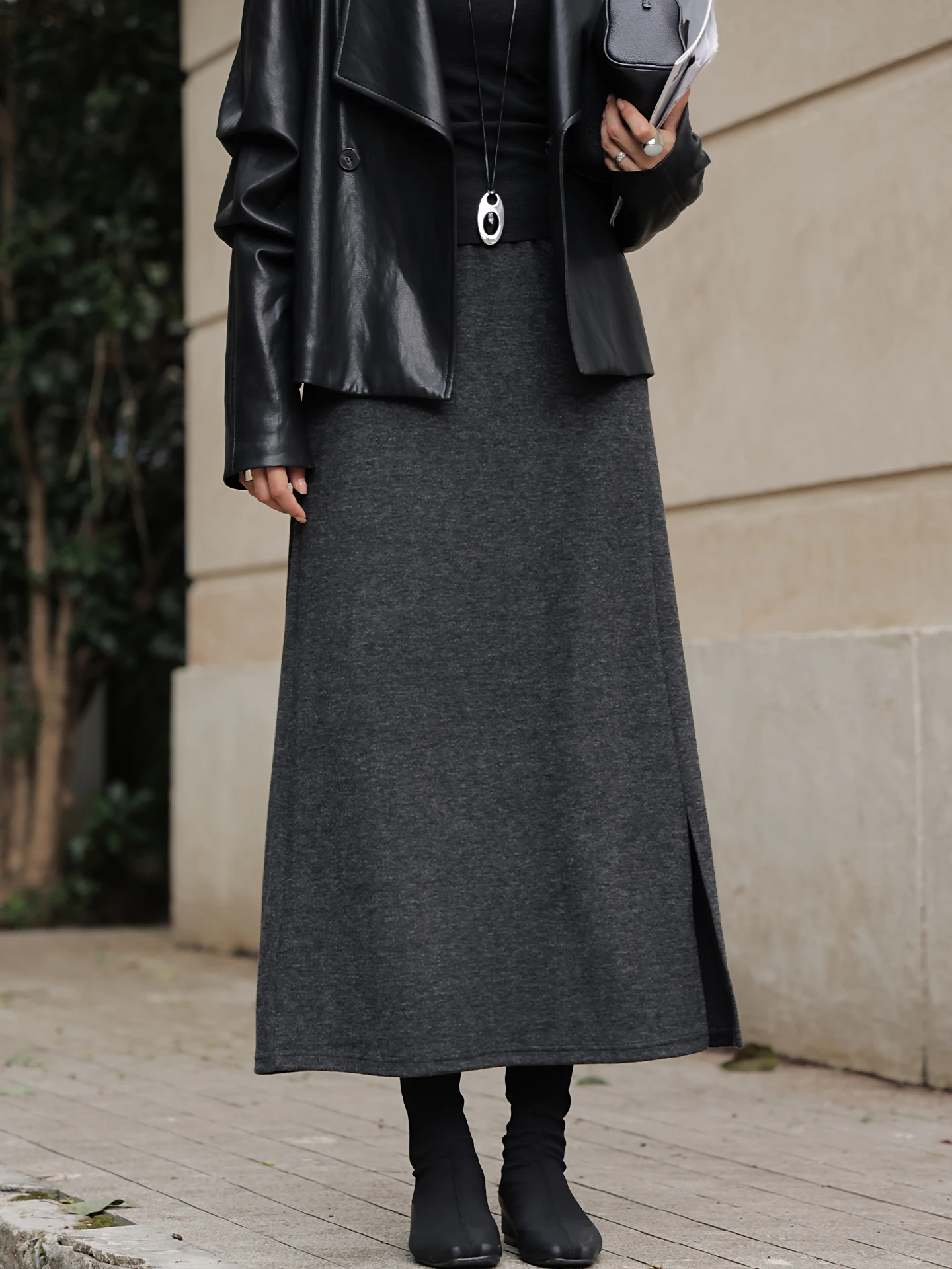 

High Waist A-Line Skirt with Slit for Women Ele Versatile Wool Blend Skirt Comfortable Fit for Autumn Season