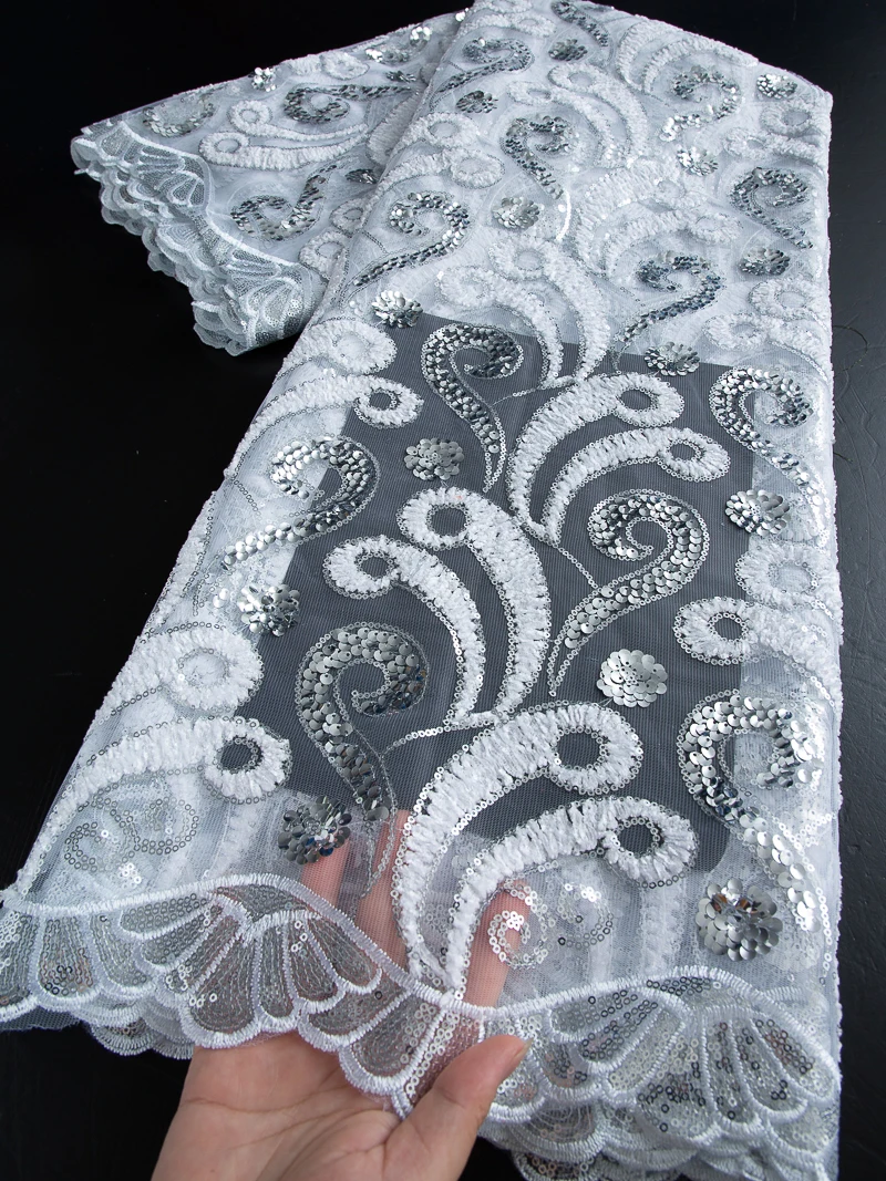 

French Tulle Mesh Lace Fabric Wedding Dresses Nigerian Lace Embroidered Fabric with Sequins High Quality For Women,2.5yards 4449