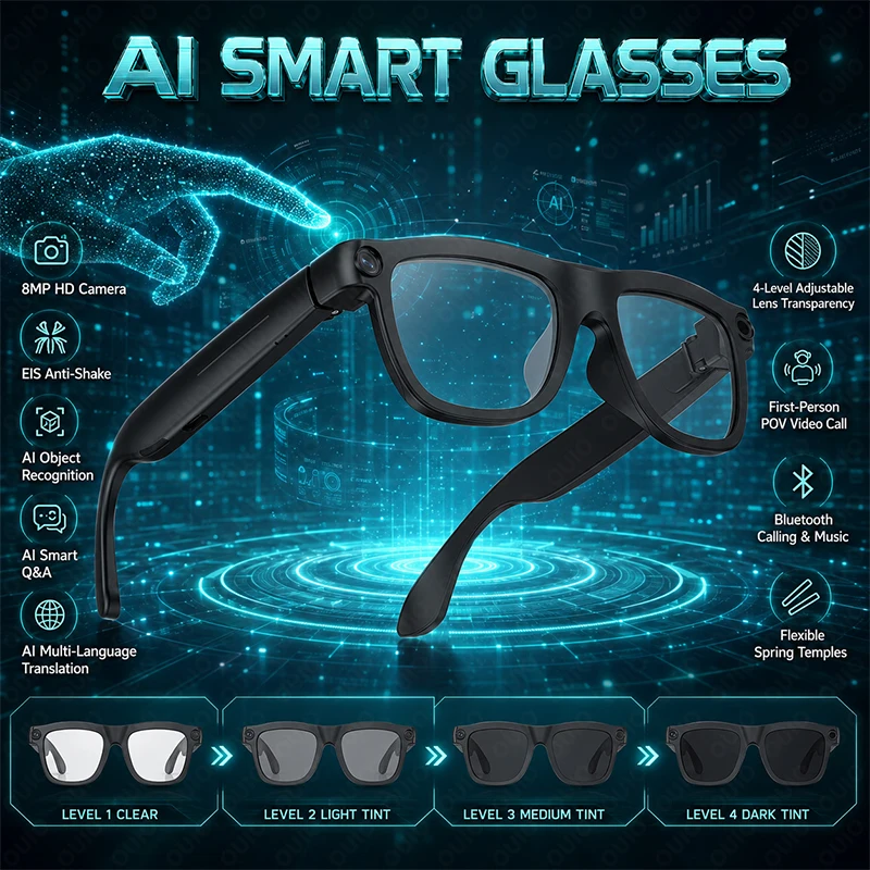 New AI Smart Glasses 8MP HD Camera 4-Level Adjustable Lens Transparency Object Recognition Language AI Translation Smart Glasses
