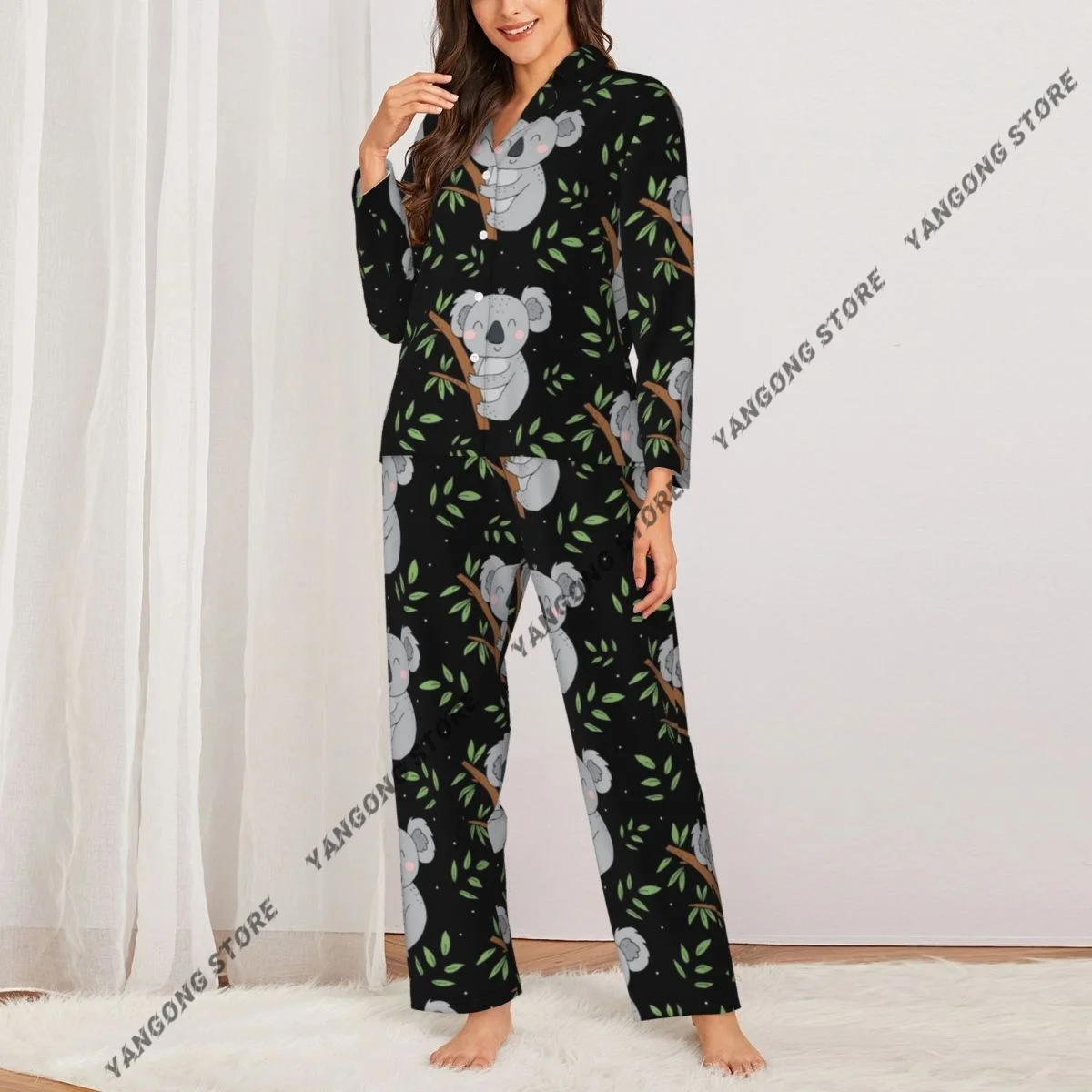 Women Sleepwear Loungewear Cute Sleeping Koala Bear Long Sleeve Lapel Neck Shirt and Elastic Waist Pants Pajamas Set