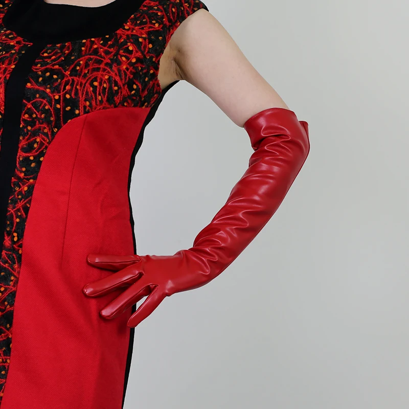 Women\'s Fashion Sexy Wide Sleeve Faux Pu Leather Glove Lady\'s Club Performance Formal Party  Leather Long Red Glove 1965