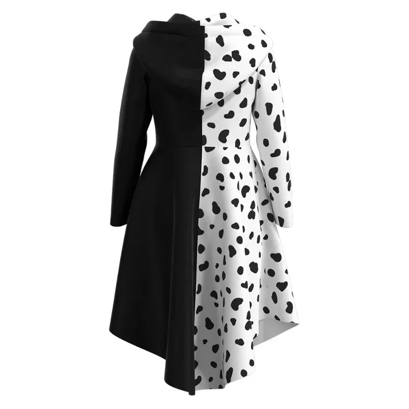 101 Dalmatians Women Evil Madame Cruella De Vil Cosplay Costume Gown Black White Hoodie Dress Gloves Halloween Carnival Suit