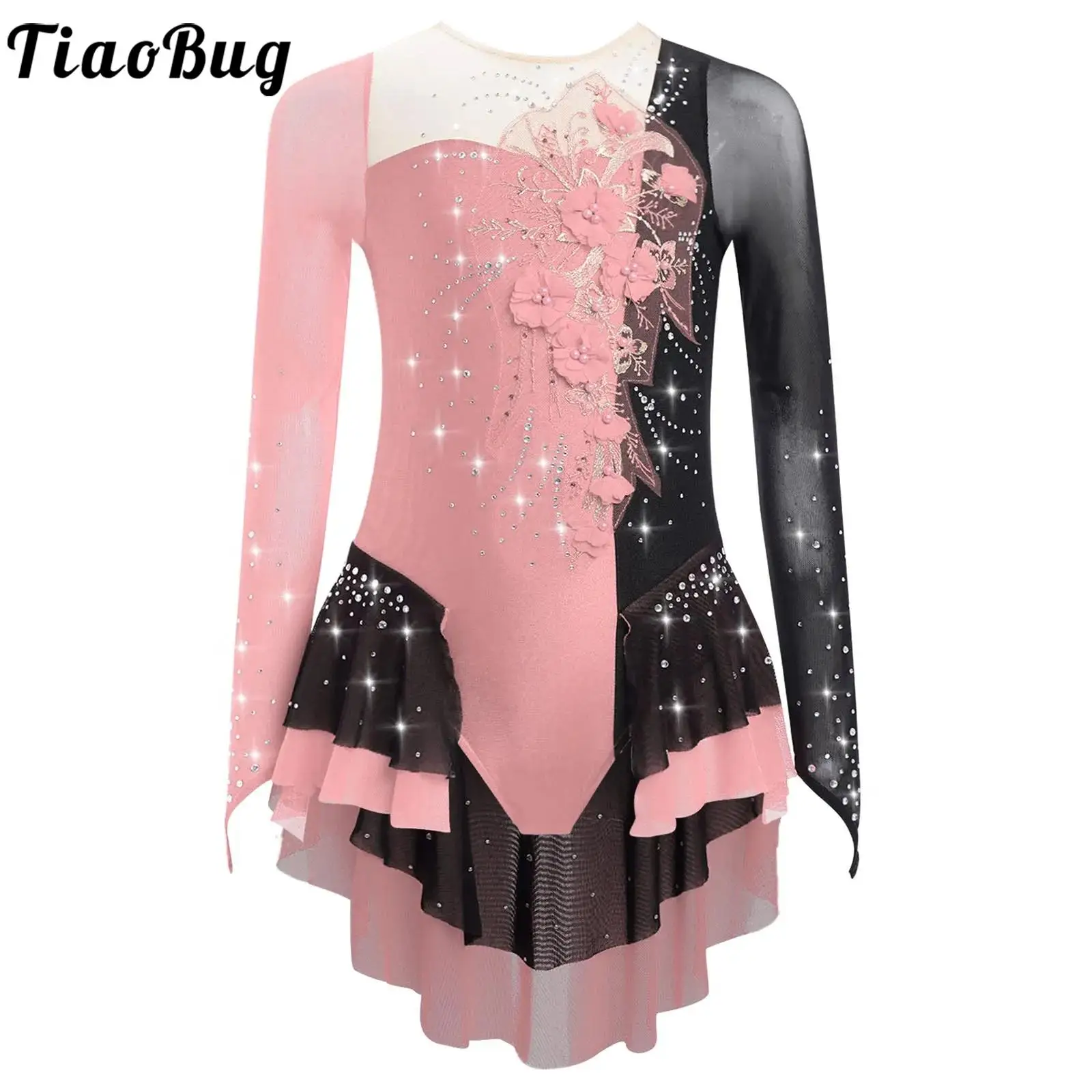 

Teen Girls Figure Skating Costume Ballet Dance Rhythmic Gymnastics Performance Dancewear Shiny Rhinestones Applique Mesh Leotard