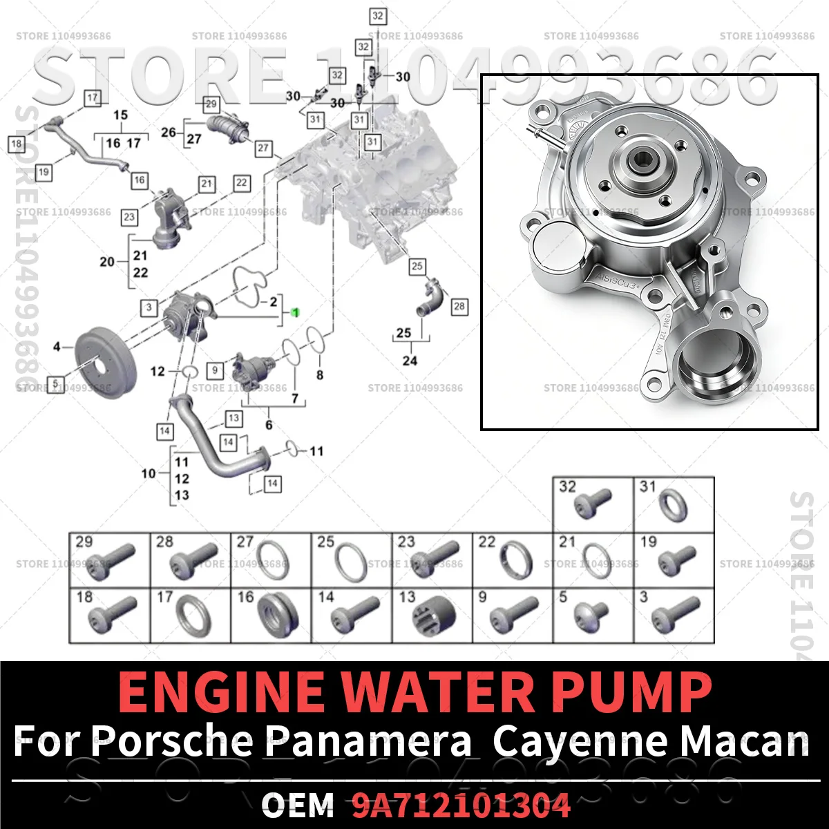 

For Porsche 2019-2026 Cayenne 9YA 2017-2026 Panamera 971 972 2019-2015 Macan 95B ENGINE WATER PUMP OEM 9A712101304 9A712101303