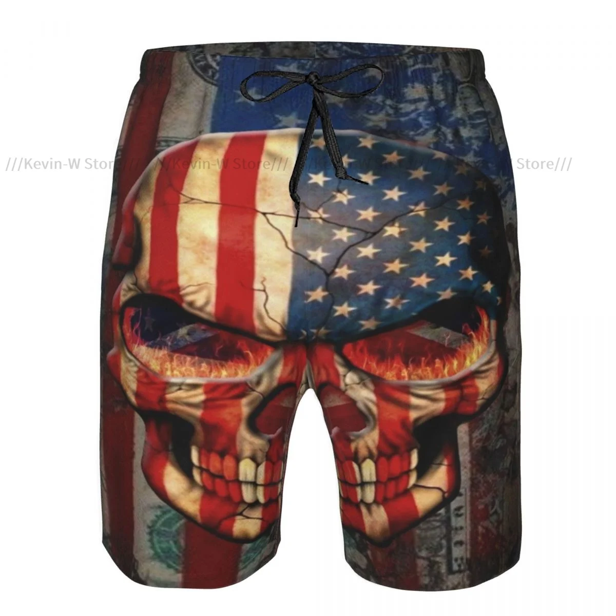 Summer Men Swimwear Breathable Quick Dry Trunks Skull Bones American Flags Beach Shorts for Running Training Surfing