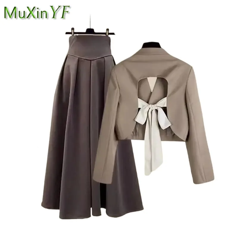 Women\'s 2024 Spring New Jacket Dress Matching Set Korean Elegant Bow Short Cardigan Coat Hight Waist Midi Skirt Two Piece Suit