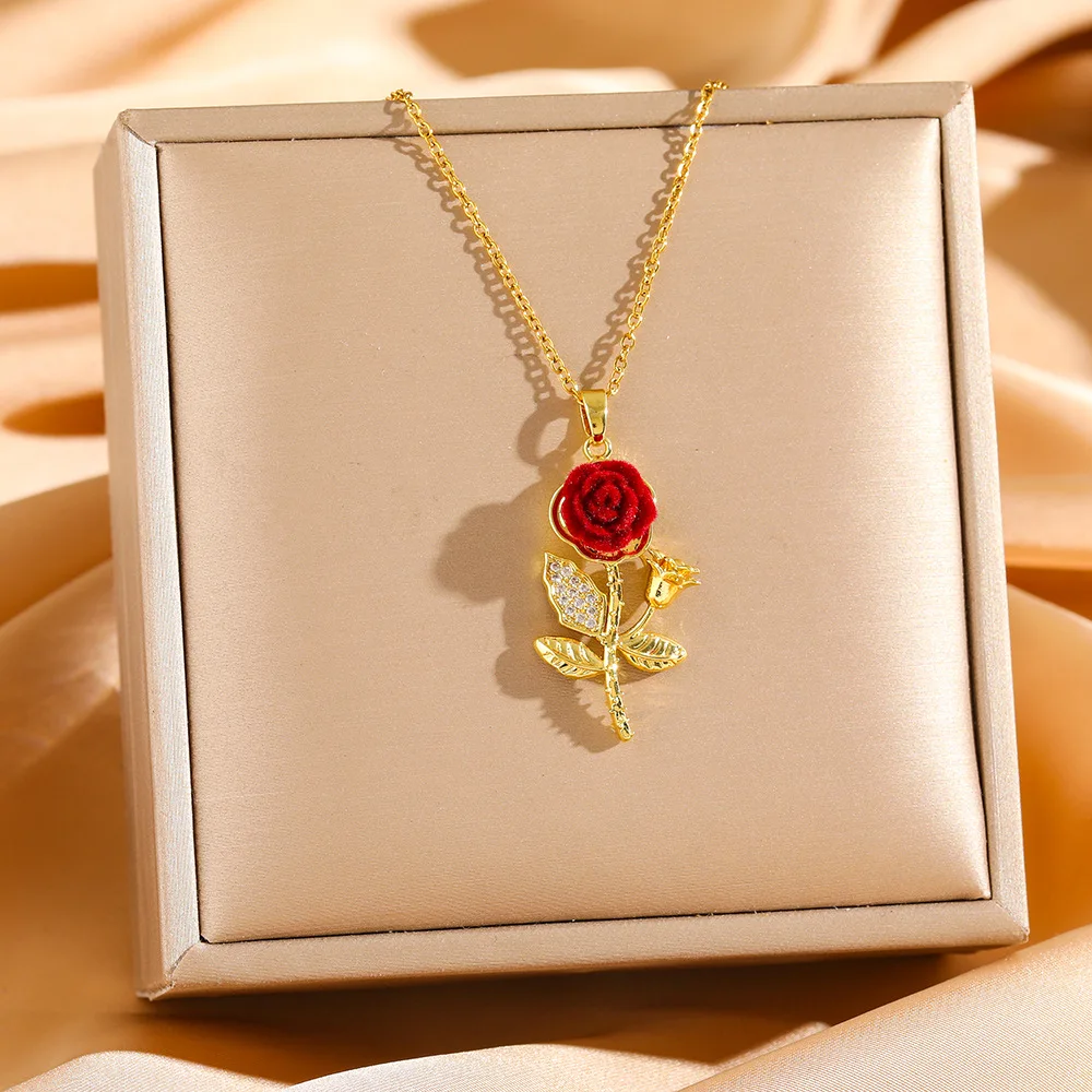 LAMENGLY 316L Stainless Steel Rose Charm Girl Gorgeous Full Diamond Necklace Jewelry Women's Jewelry Gifts