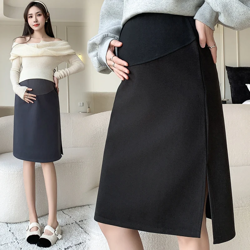 

2360# 2023 Autumn Winter Woolen Maternity Skirts Thick Warm High Waist Belly Pencil Clothes for Pregnant Women Pregnancy