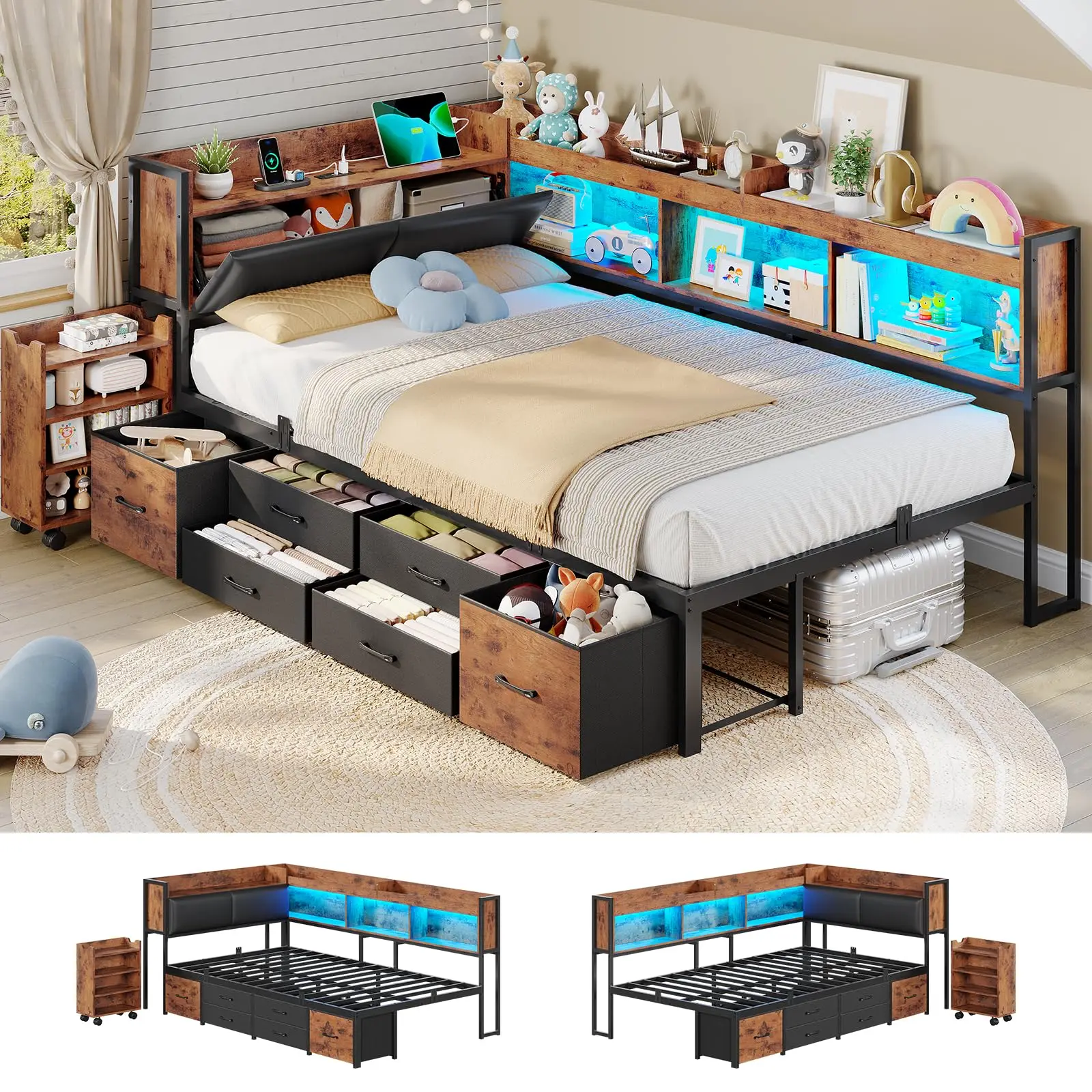 14 Inch Corner Bed Frame with Pull-Out Cabinet, Bookcase & Headboad Storage, Twin LED Daybed with 6 Drawers, Charging