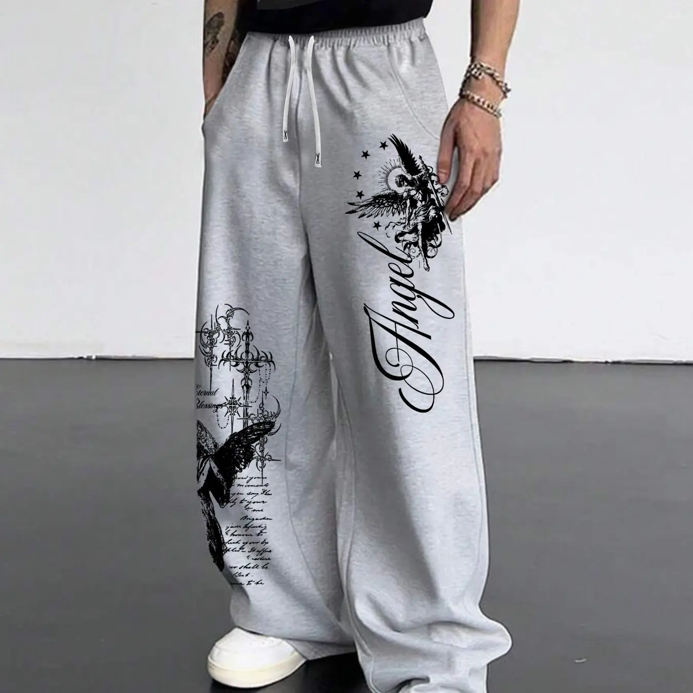 Men's Casual Straight Leg Pants with Angel Print Wide Leg Sweatpants, Men's American High Street Loose Straight Leg Casual Pants