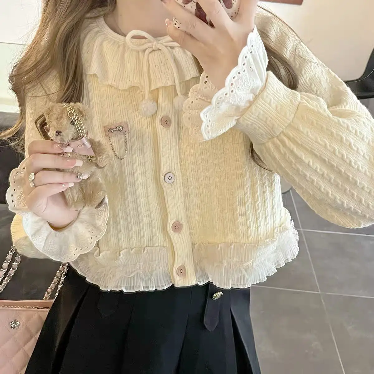 

Japan Autumn Soft Girl'S Cute Lace Fungus-Edged Knitted Cardigan Jacket For Female Students Sweet Age-Reducing And Versatile Top
