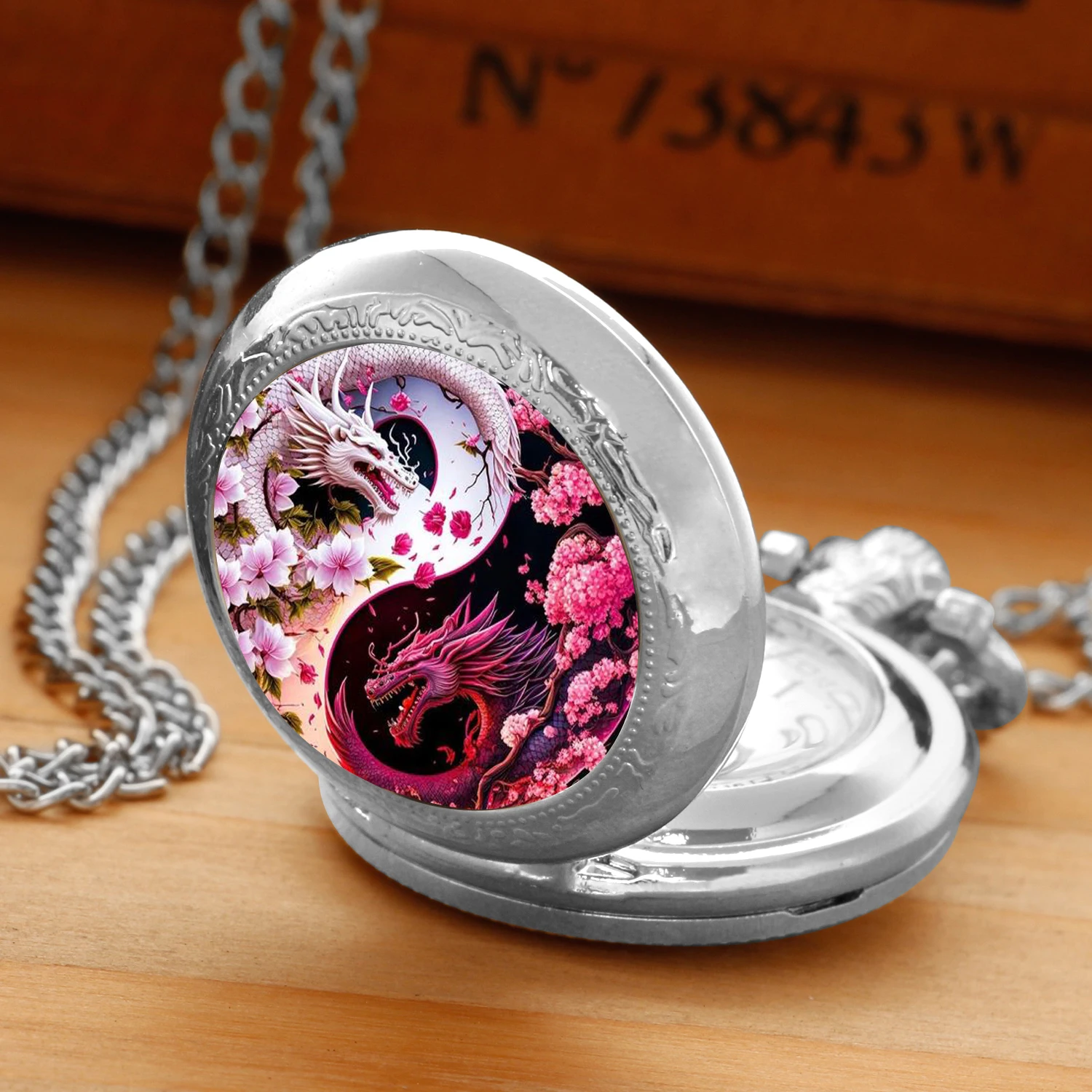 Squisito orologio da tasca al quarzo con motivo drago Yin e Yang, collana con ciondolo, display analogico per donne, uomini, bambini, orologio unico